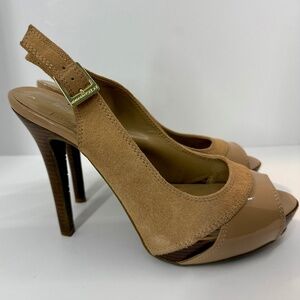 BCBGeneration Tan Suede Patent Leather Sling-Back Peep Toe High Heels Size 9B